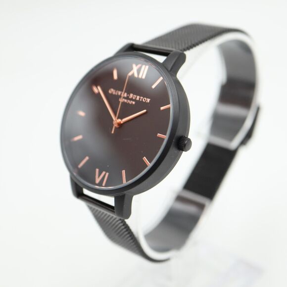 Olivia Burton Black Rose Gold Tone Watch 38mm Dial Steel Mesh Strap New Battery main image 5